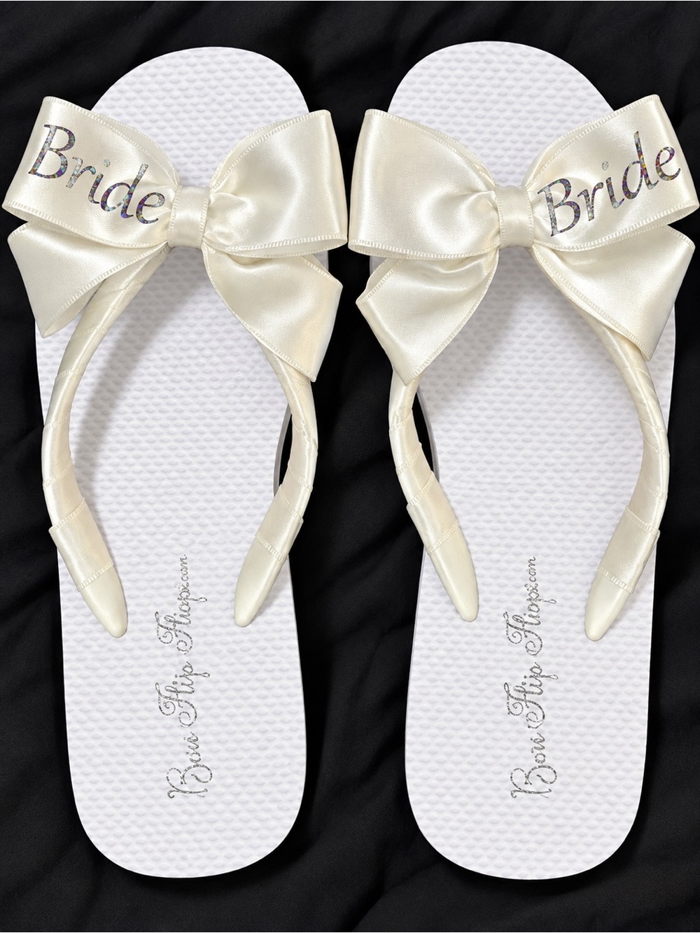 Ivory Satin Bride Flip Flops with Bow - Bridal Sandals